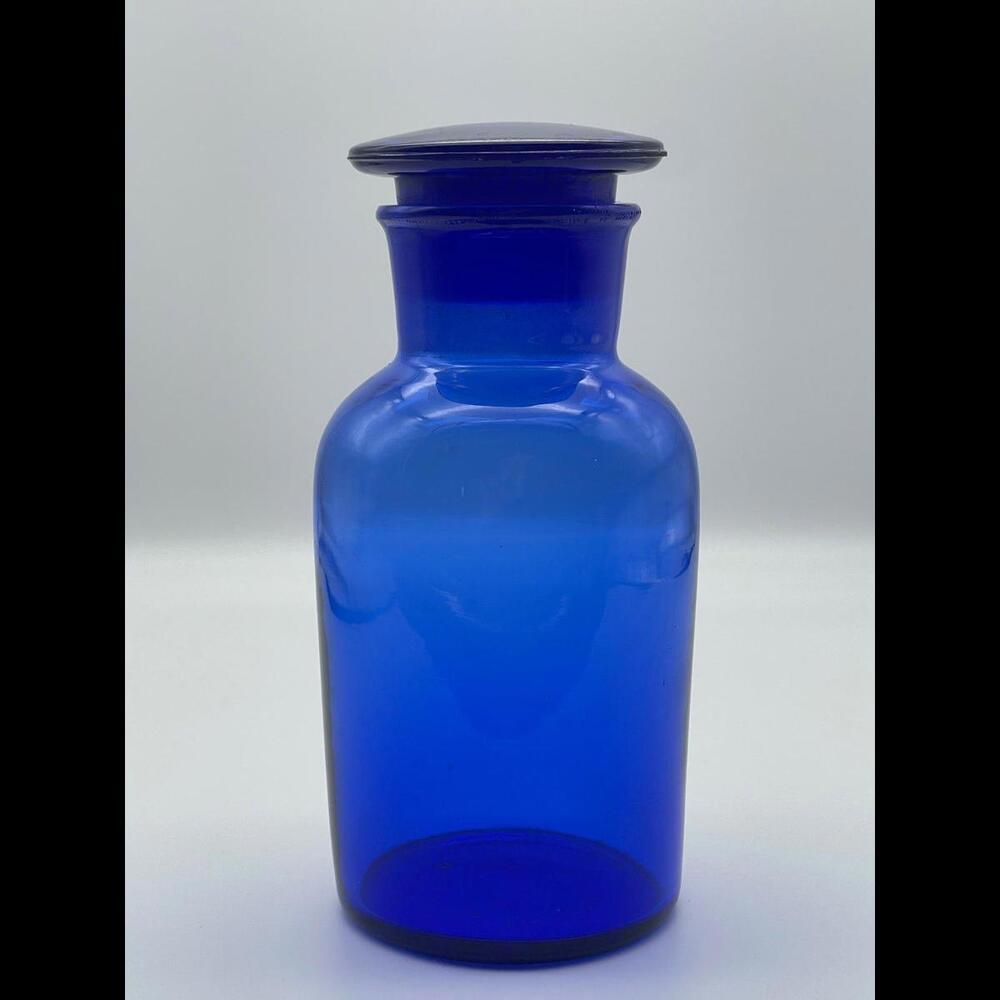 Vintage Cobalt Blue Glass Apothecary Bottle with Ground Glass Neck & Lid Stopper